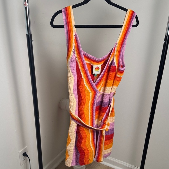 Farm Rio New with Tag Striped Knit Crochet Mini Belted Wrap Dress Size Large - Picture 2 of 8